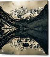 Majestic Peaks And Maroon Bells Mountain Reflections - Sepia Acrylic Print