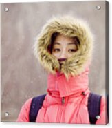 Asian Girl In Snowing Day Acrylic Print