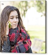 Attractive Girl With Scarf Talking On Mobile, Outdoor. Acrylic Print