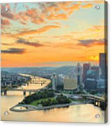 August Orange Sunrise Skies Over Pittsburgh Panorama Acrylic Print