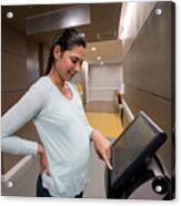 Beautiful Pregnant Woman Requesting A Number On Screen At The Hospital Looking Very Happy Acrylic Print