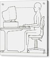 Black And White Illustration Of Office Worker Positioned At Computer With Back Straight And Wrists And Feet Supported, Side View Acrylic Print