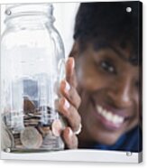 Black Woman Saving Coins In Jar Acrylic Print