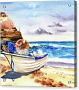 Boat On Shore In Portugal Painting Acrylic Print