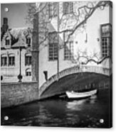 Boat Under A Little Bridge In Bruges Black And White Acrylic Print