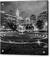 Boston Armenian Heritage Park Sculpture Boston Ma Skyline Black And White Acrylic Print