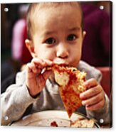 Boy Eating Pizza In Restaurant Acrylic Print