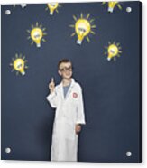 Boy In Lab Coat With Cartoon Lightbulbs Acrylic Print