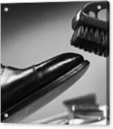 Brush Above Leather Shoe, Close-up, B&w Acrylic Print