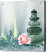Calm Peaceful Relaxing Zen Rocks Cairn With Flower Meditative Spa Collection Watercolor Art Vii Acrylic Print