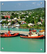 Caribbean Tugboats With Antigua Skyline Acrylic Print