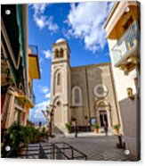 Castelmola, Taormina, Italy - November 8, 2019: Front Of The Church Of San Giorgio, Pizzeria On The Left Side Acrylic Print