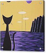 Black Cat On Purple Planet With Yellow Sky Acrylic Print