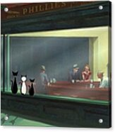 Cats Peer Into Nighthawks Diner Acrylic Print