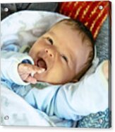 Caucasian Baby Boy Laughing On Sofa Acrylic Print