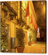 Charming Faro Algarve Portugal - Fab Small Street With Flags And Sea Mist Lens Flares Acrylic Print