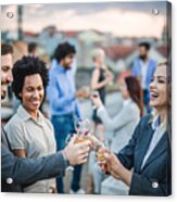 Cheerful Business Colleagues Toasting With Alcohol At The Outdoor Party. Acrylic Print