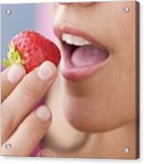 Close Up Of Hispanic Woman Eating Strawberry Acrylic Print