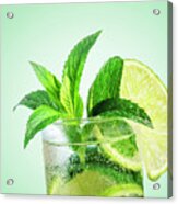 Closeup Mojito Cocktail With Ice Isolated Over Pastel Background Acrylic Print