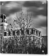 Clouds Moving Over Old Main - University Of Arkansas Monochrome Acrylic Print