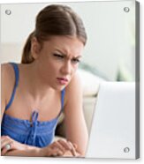 Confused Woman Having Problem With Computer, Broken Laptop, Pc Error Acrylic Print