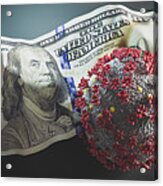Coronavirus Covid19 On Crumpled One Hundred Dollar Bill. Acrylic Print
