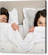 Couple In Bed Peeking Behind Duvet Acrylic Print