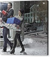 Couple With Christmas Gifts In Snow Acrylic Print