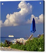 Cozumel Cruise Blues - Cruise Ship Off The Beach Of Cozumel Mexico With Blue Beach Umbrellas Acrylic Print