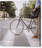 Crossing The Street With The Bicycle Acrylic Print