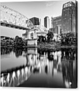 Cumberland River And Pedestrian Bridge In Downtown Nashville Tennessee - Black And White Acrylic Print