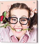Cute Smiling Woman Wearing Nerd Glasses With Rose Acrylic Print