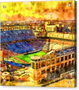 Darrell K Royal-texas Memorial Stadium In Austin At Sunset - Pen And Watercolor Acrylic Print