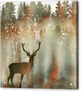 Deer Buck In Fall Forest Watercolor Silhouette Acrylic Print