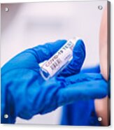 Doctor’s Hands In Protection Gloves Putting Covid-19 Test Swab Into Kid’s Mouth Acrylic Print