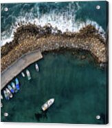 Drone Aerial Fishing Harbour With Boats Stormy Waves, Blue Sea Acrylic Print