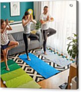 Family Practicing Yoga At Home With Online Classes Acrylic Print