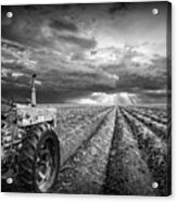 Farmall Tractor With Field Furrows And Sunburst Sky In Black And Acrylic Print