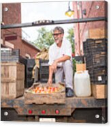 Farmer Unloading Crates Of Organic Tomatoes Outside Grocery Store Acrylic Print