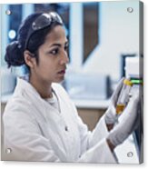 Female Scientist Working In The Lab, Using Computer Screen Acrylic Print