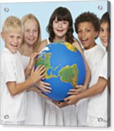 Five Children Holding A Globe Indoors Acrylic Print