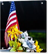 Flag, Flowers, And Freight Train Acrylic Print