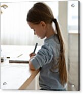 Focused Small Adorable Caucasian Girl Preparing Homework Alone. Acrylic Print