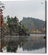 Foggy Landscape With Fishermans Boat On Calm Lake And Autumnal Forest At Lake Ottenstein In Austria Acrylic Print