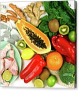 Foods That Boost The Immune System Including Fruit, Vegetables And Poultry. Acrylic Print