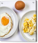 Fried Egg On White Plate And Scrambled Eggs Ion White Plate For Breakfast Acrylic Print