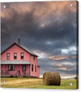 Rchitecture Of The Magdalen Islands, Where All The Wooden Houses Are Brightly Painted. Sunset Shot Of A House On The Hill. Image Taken From A Public Position. Acrylic Print