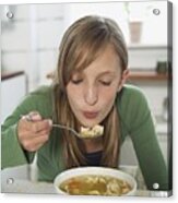 Girl Eating Chicken Noodle Soup Acrylic Print