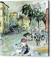Girl On Vespa In Sorrento Italy Vintage Colors Acrylic Print