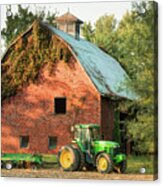 Green Tractor And Barn - Missouri Farmhouse Acrylic Print